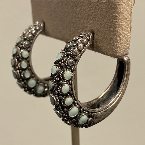 Turquoise Silver Half Hoop Earrings - Picture 3 of 6